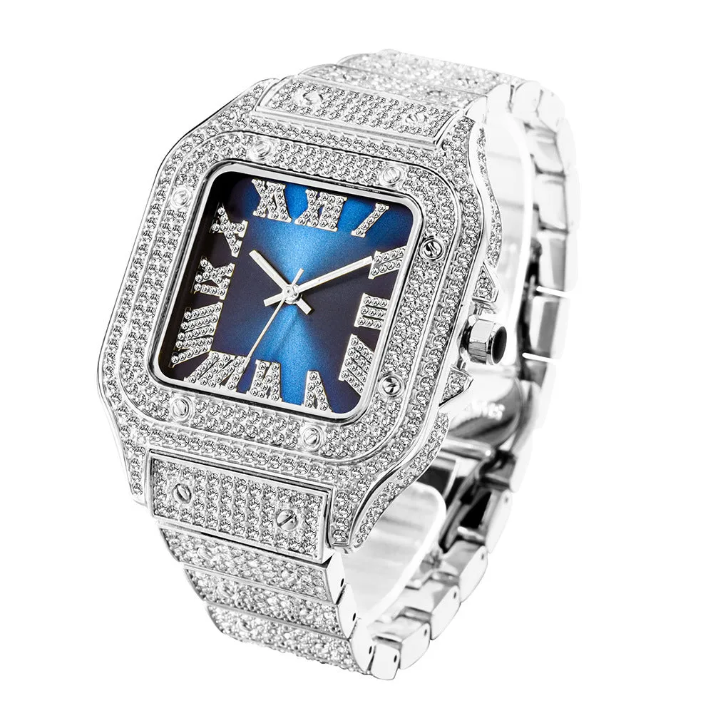 Fashion hip hop square men's watch with diamond detailing alloy strap silver white dial