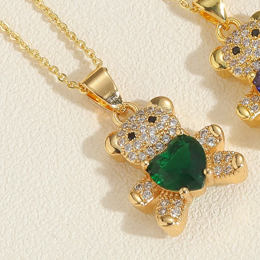 Copper micro inlaid zircon bear love gem necklace in green on a white background, adjustable 41-50cm
