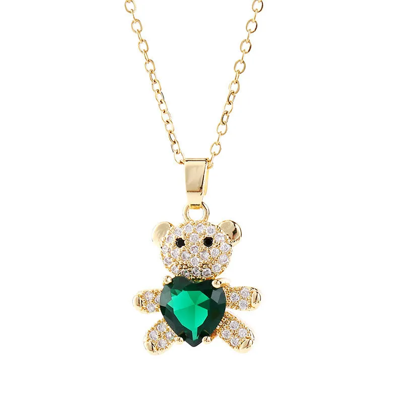 Copper micro inlaid zircon bear love gem necklace in green on a white background, adjustable 41-50cm
