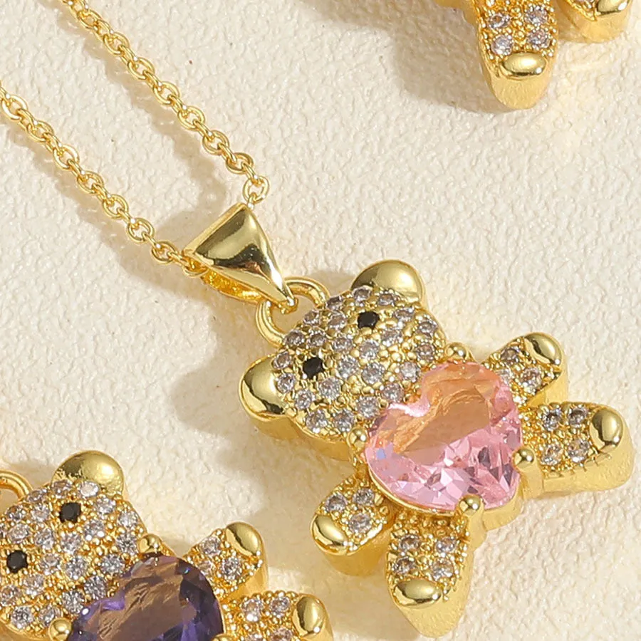 Copper micro inlaid zircon bear love gem necklace in green on a white background, adjustable 41-50cm
