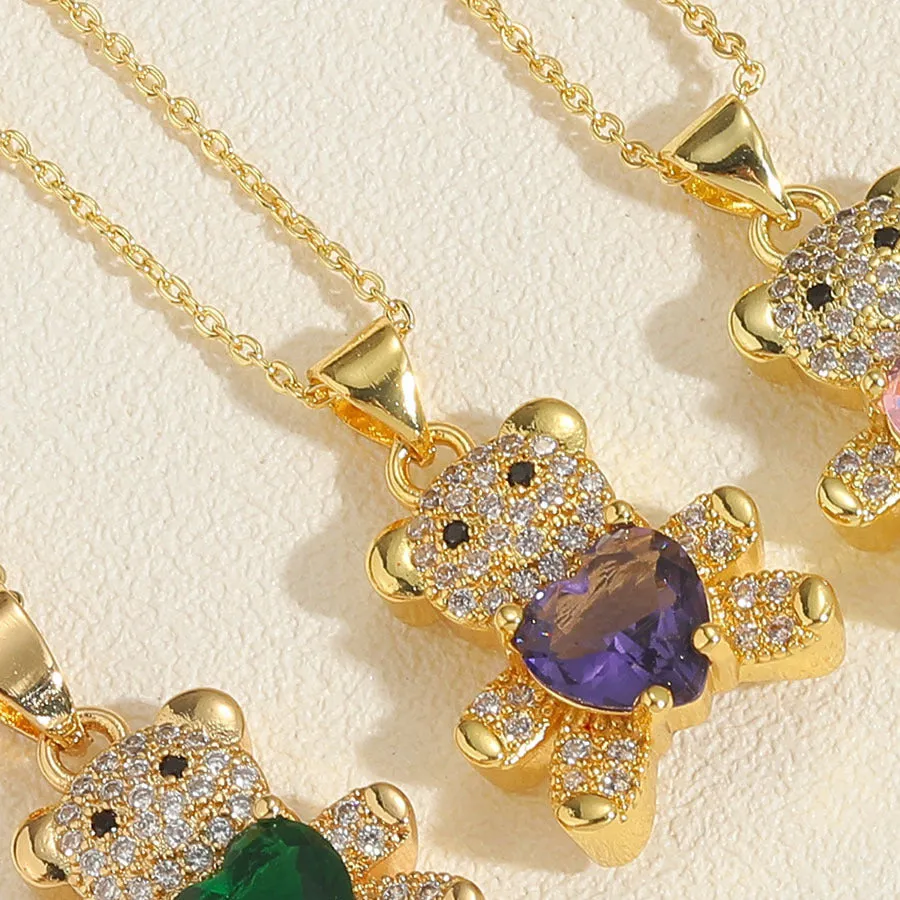 Copper micro inlaid zircon bear love gem necklace in green on a white background, adjustable 41-50cm