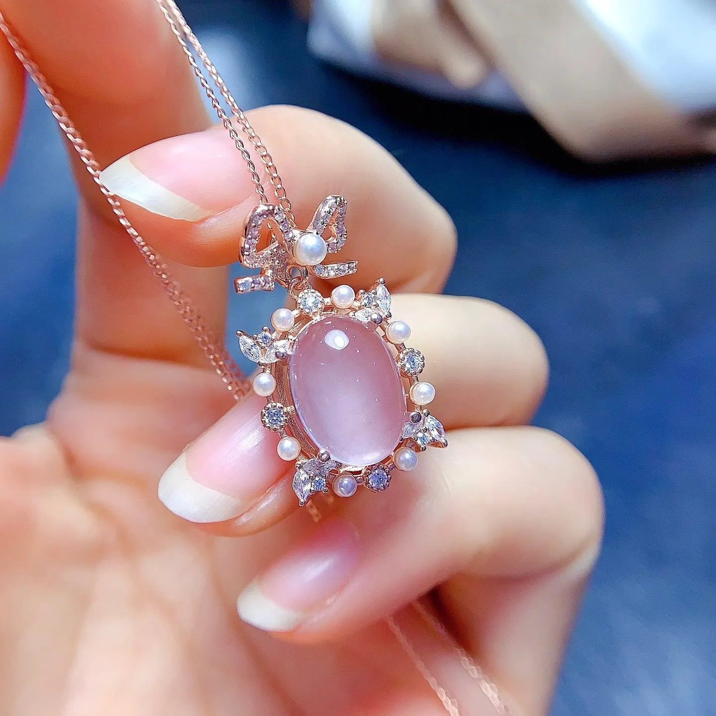 Geometric rose quartz pendant necklace on rose gold plated silver chain