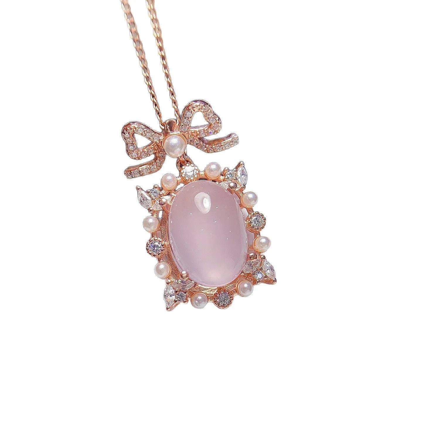 Geometric rose quartz pendant necklace on rose gold plated silver chain
