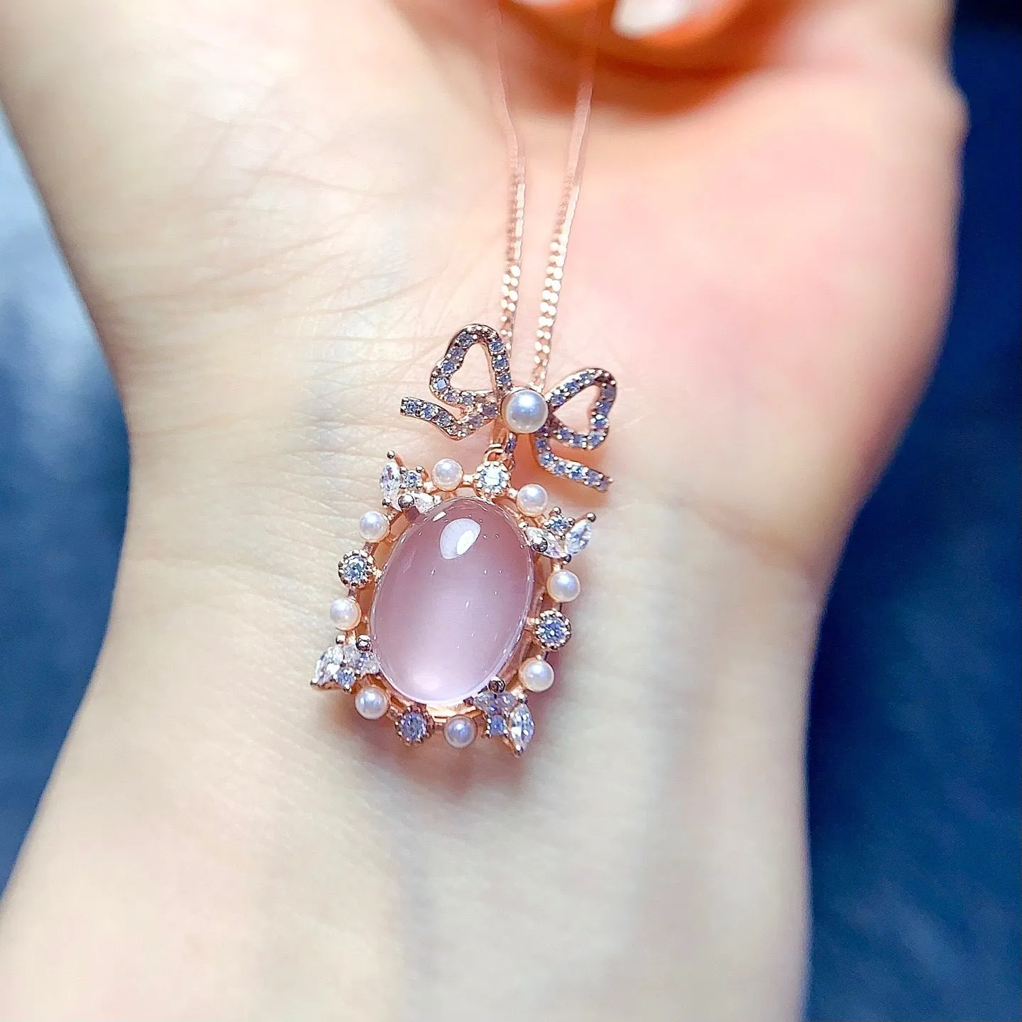 Geometric rose quartz pendant necklace on rose gold plated silver chain