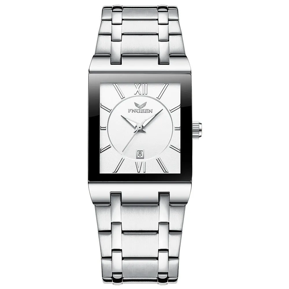 Mens square alloy quartz watch with white steel case and crystal glass dial on black background