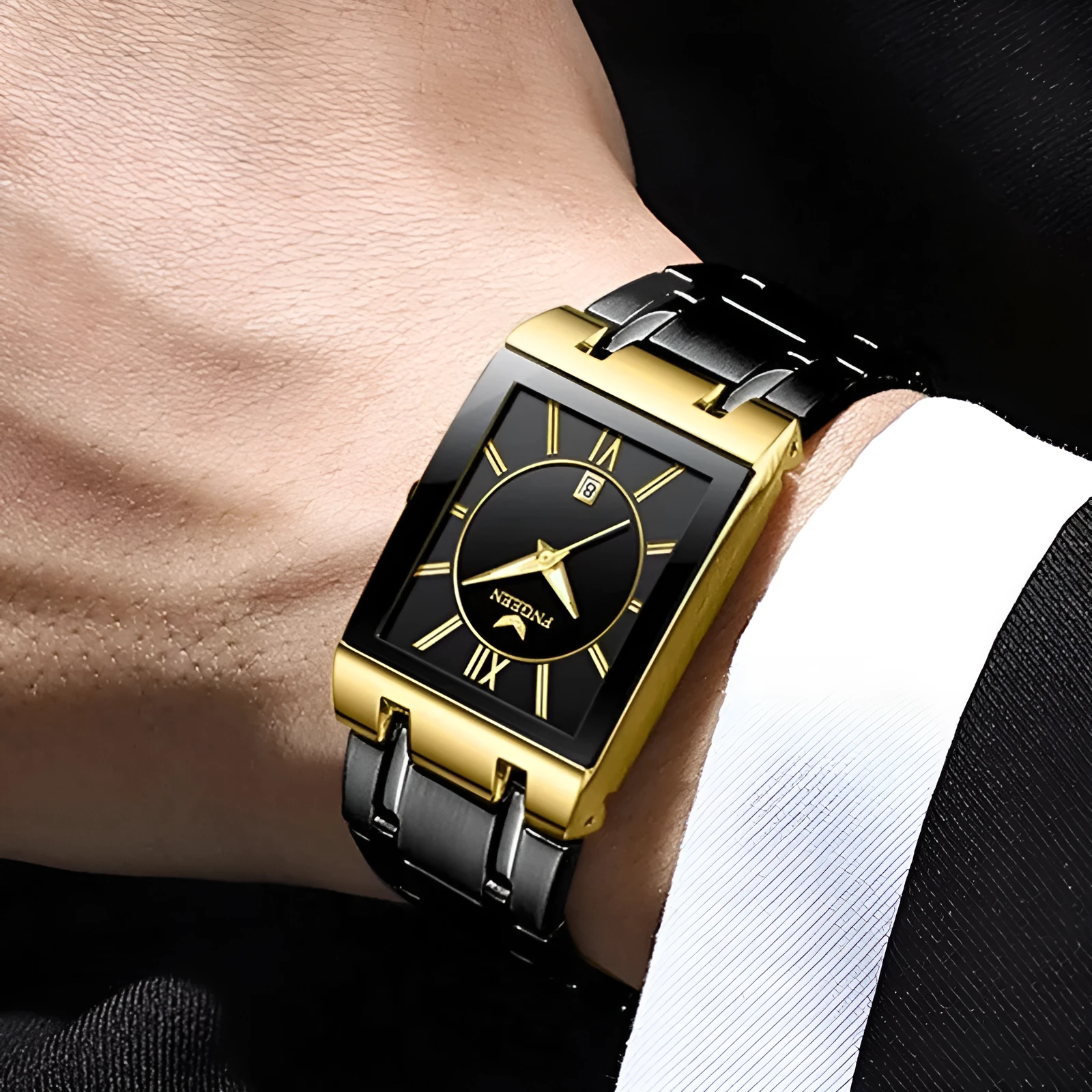Mens square alloy quartz watch with white steel case and crystal glass dial on black background