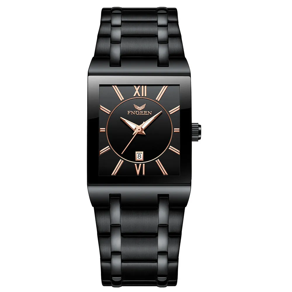 Mens square alloy quartz watch with white steel case and crystal glass dial on black background