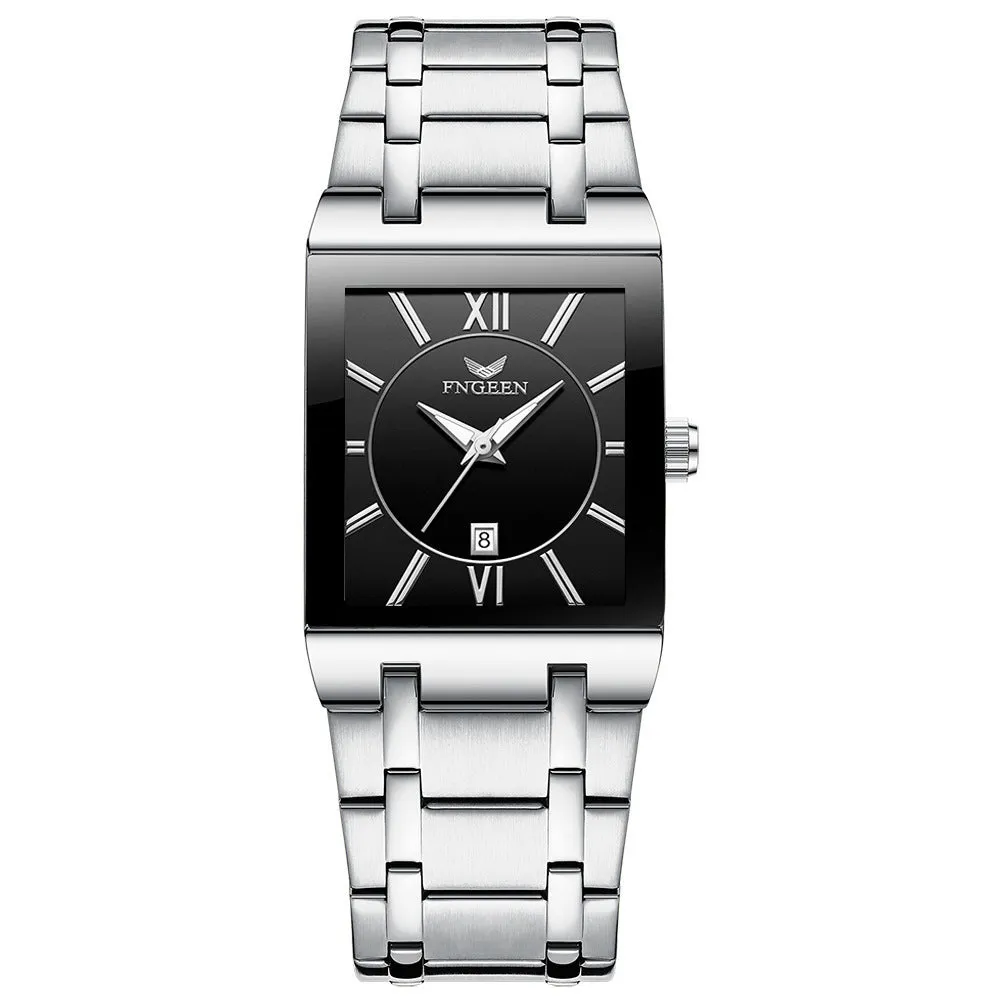 Mens square alloy quartz watch with white steel case and crystal glass dial on black background