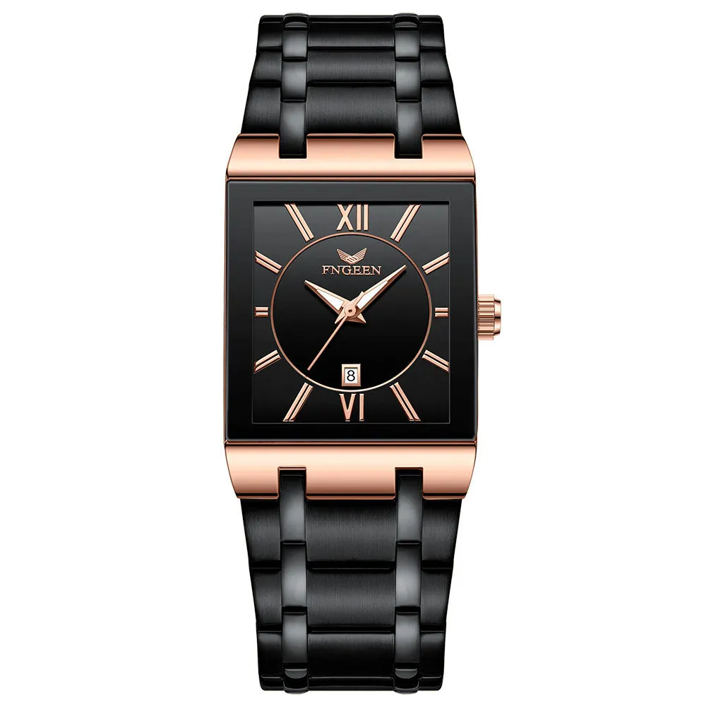 Mens square alloy quartz watch with white steel case and crystal glass dial on black background