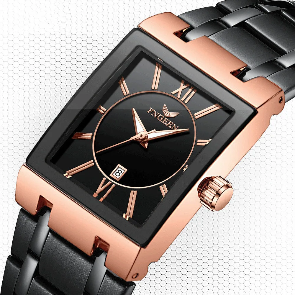 Mens square alloy quartz watch with white steel case and crystal glass dial on black background