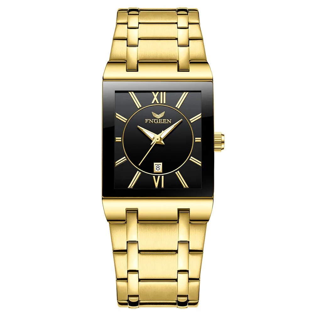 Mens square alloy quartz watch with white steel case and crystal glass dial on black background
