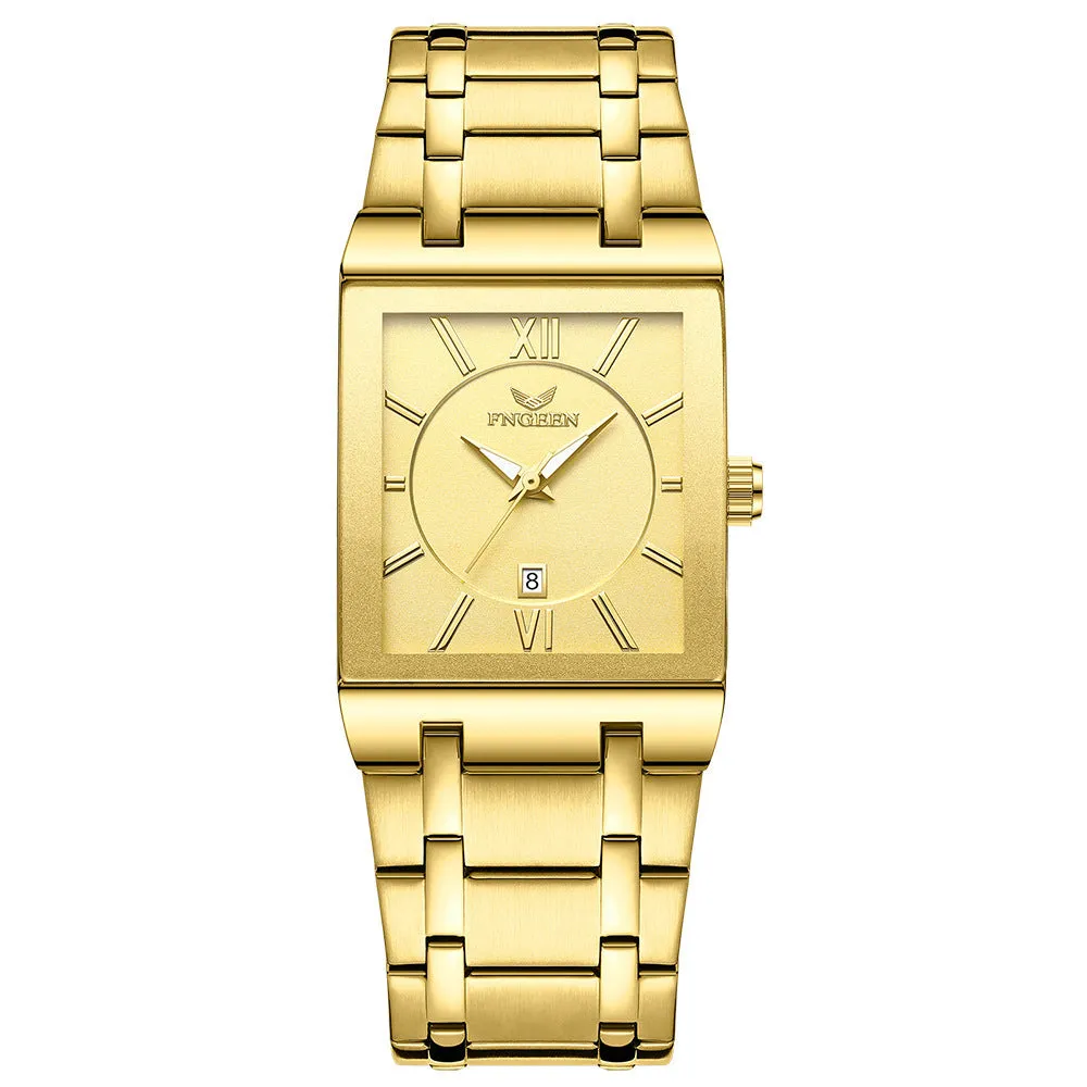 Mens square alloy quartz watch with white steel case and crystal glass dial on black background