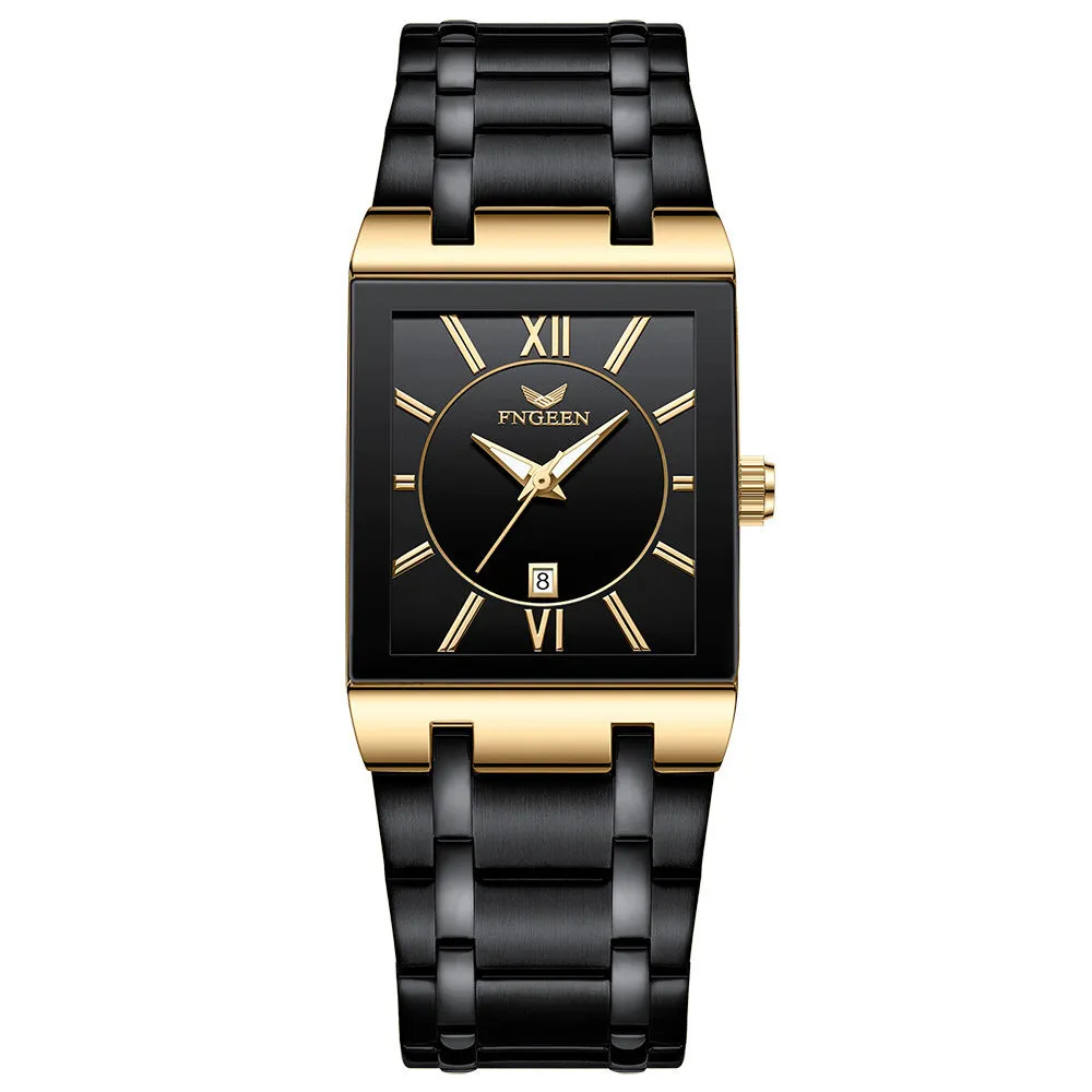 Mens square alloy quartz watch with white steel case and crystal glass dial on black background