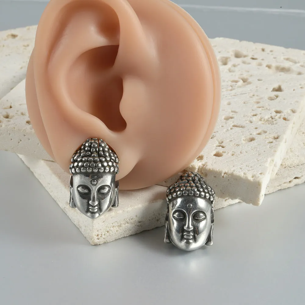 Personalised stainless steel hollow skull Buddha geometric earring in gold electroplate.