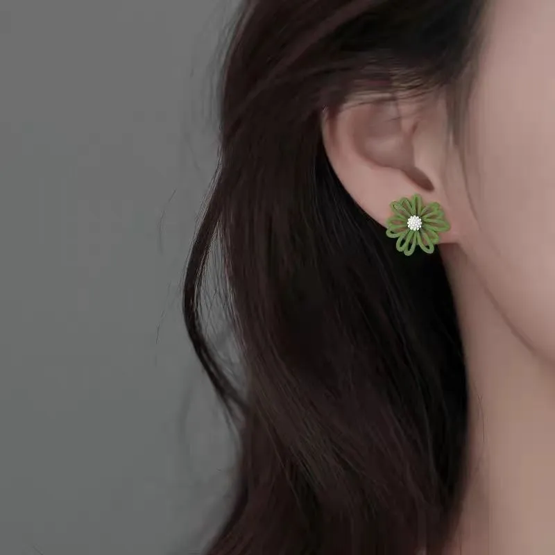Little Summer alloy flower stud earrings in blue and orange, white and green, and yellow and white colour options.