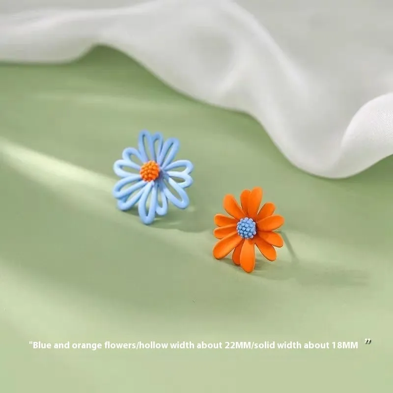 Little Summer alloy flower stud earrings in blue and orange, white and green, and yellow and white colour options.