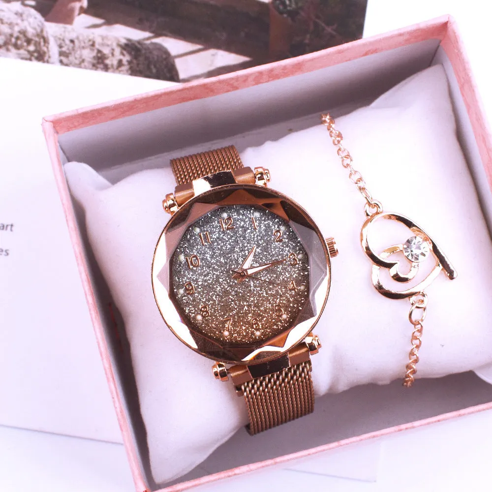 Silver Noodle ladies quartz watch with round dial, alloy strap, magnet buckle, and matching chain in gift box
