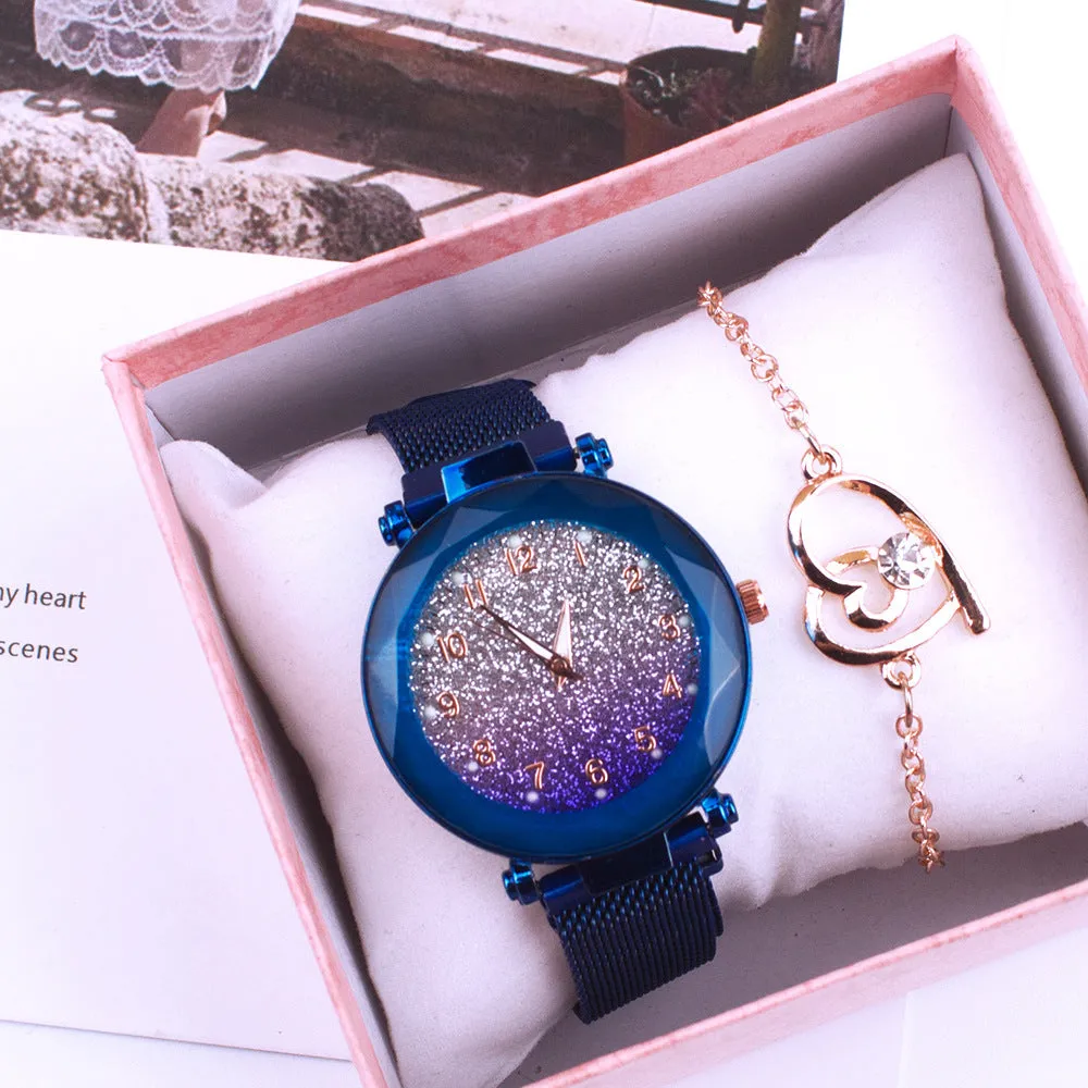 Silver Noodle ladies quartz watch with round dial, alloy strap, magnet buckle, and matching chain in gift box