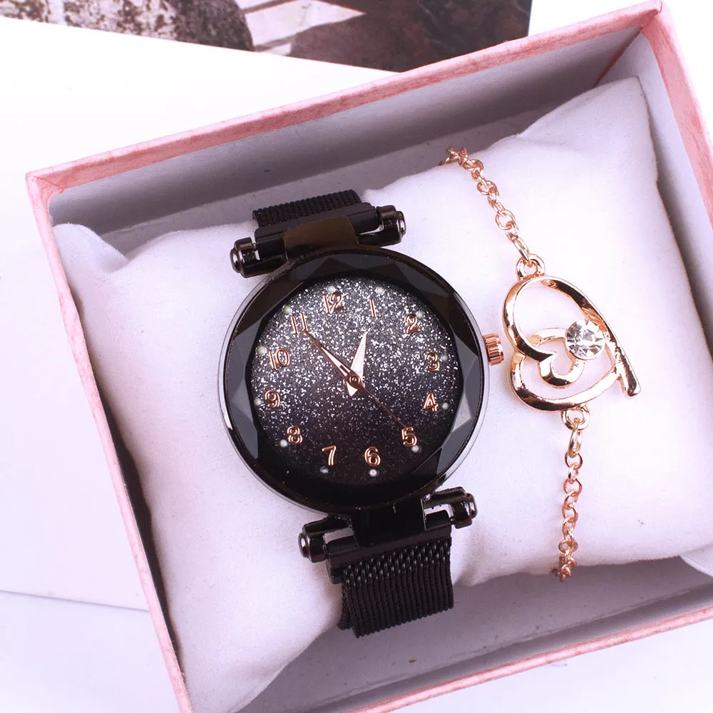 Silver Noodle ladies quartz watch with round dial, alloy strap, magnet buckle, and matching chain in gift box