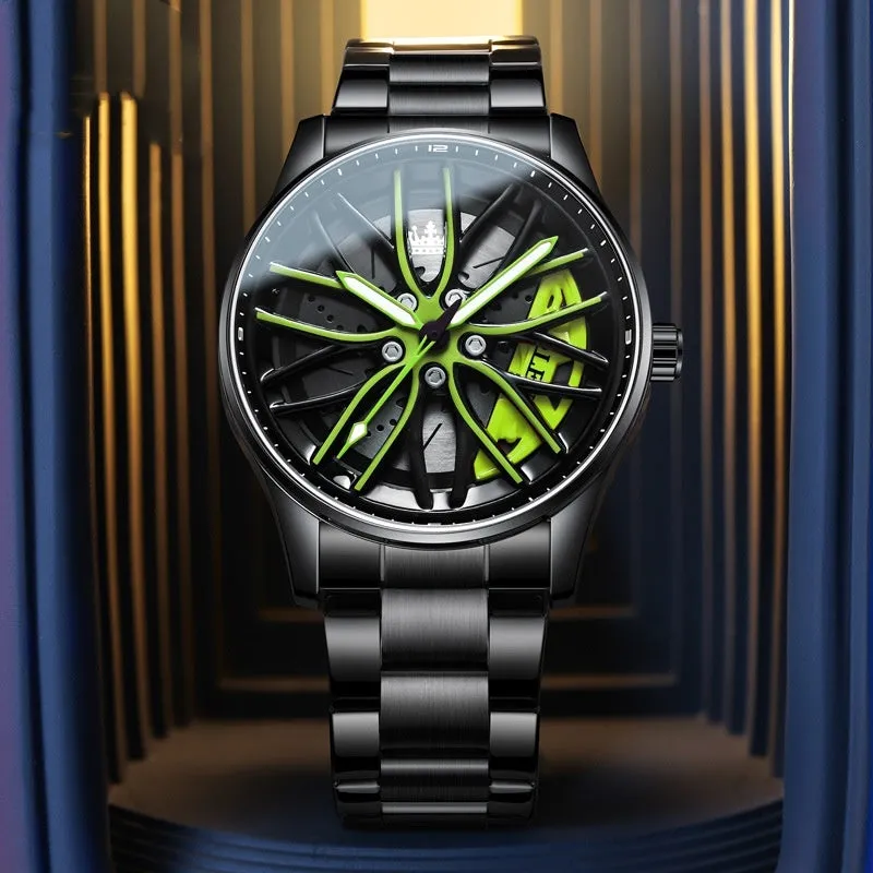 Men's wheel rotating quartz watch 42mm black steel bracelet all black face with gold accents