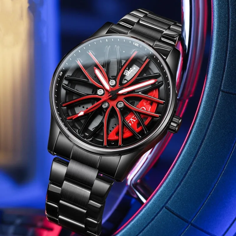 Men's wheel rotating quartz watch 42mm black steel bracelet all black face with gold accents