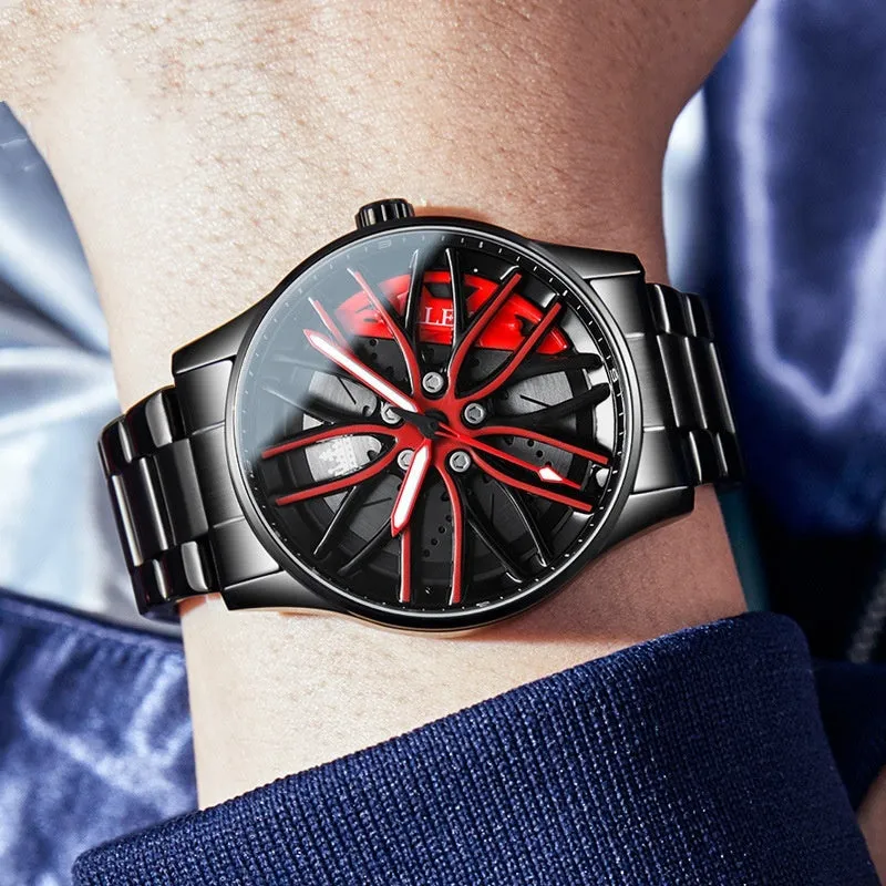 Men's wheel rotating quartz watch 42mm black steel bracelet all black face with gold accents