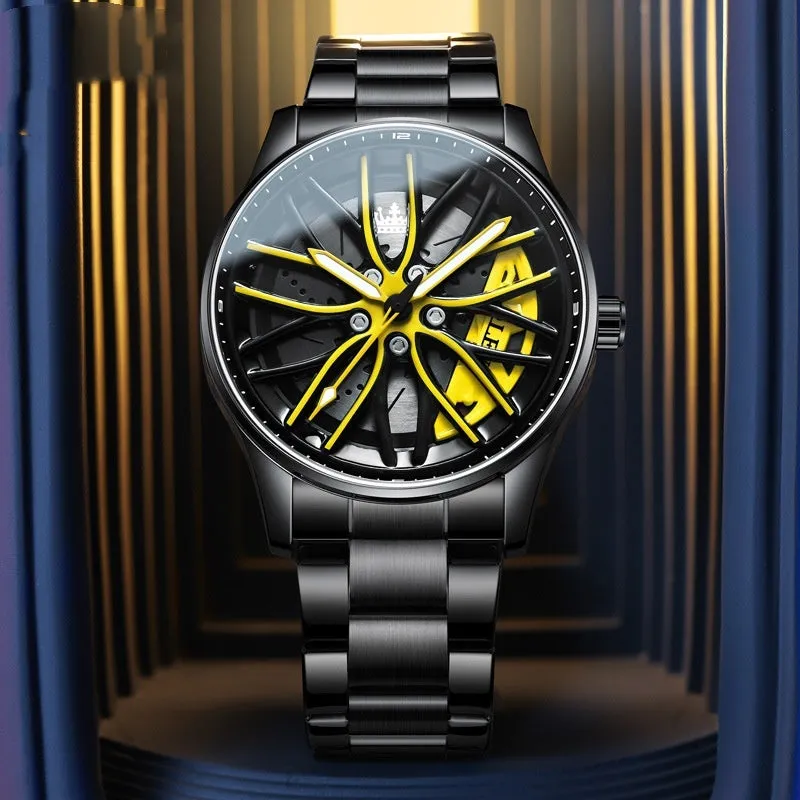 Men's wheel rotating quartz watch 42mm black steel bracelet all black face with gold accents