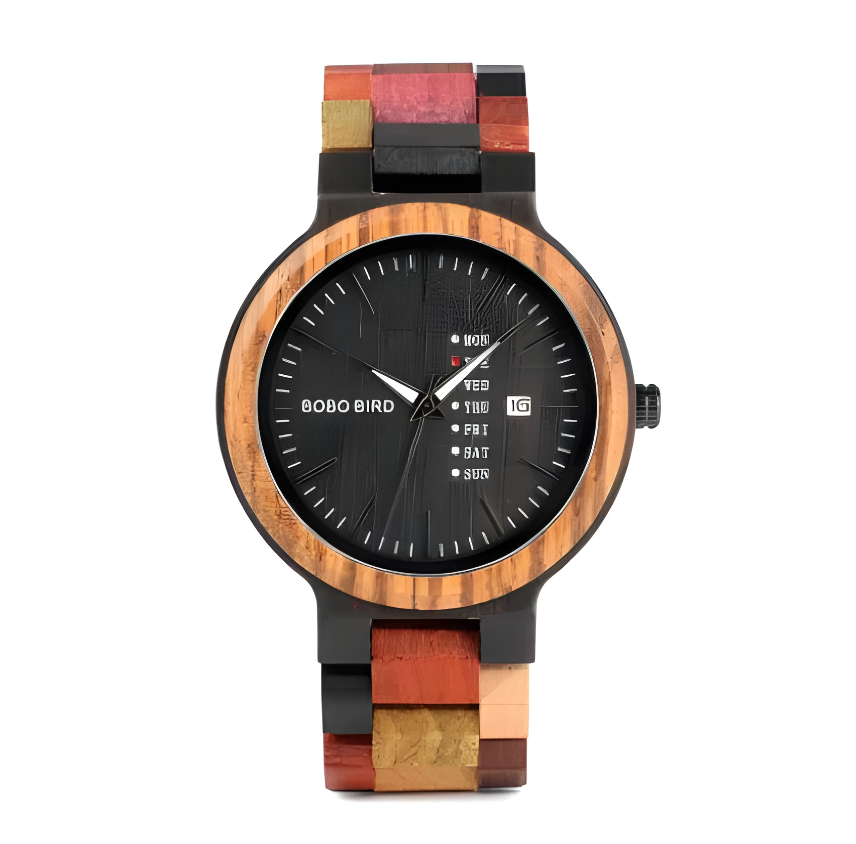 Men's casual wooden quartz watch with 45mm round dial, week calendar, wood strap, and stainless steel buckle