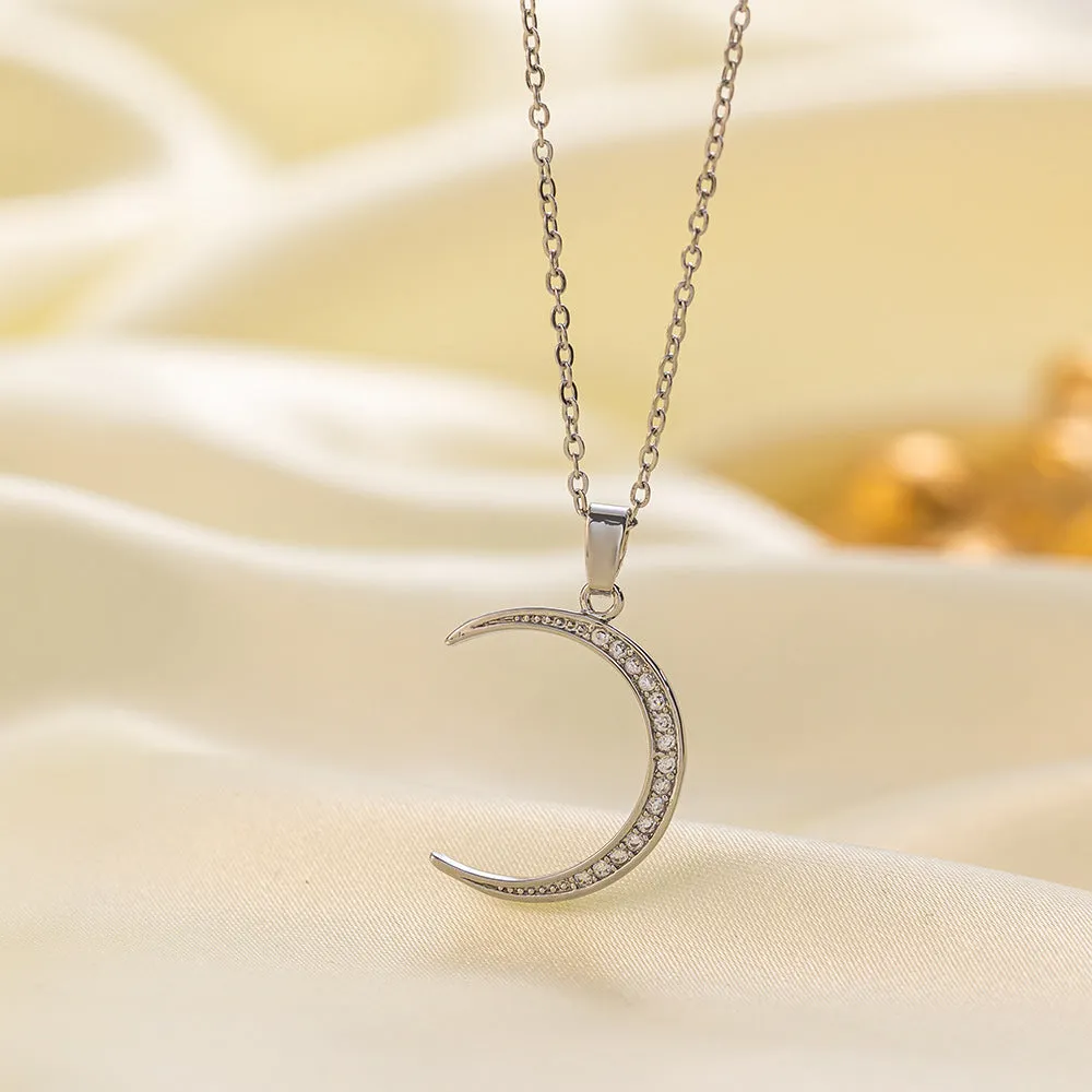 Women's titanium steel and copper-plated pendant necklace set crescent heart shapes gold and steel finish