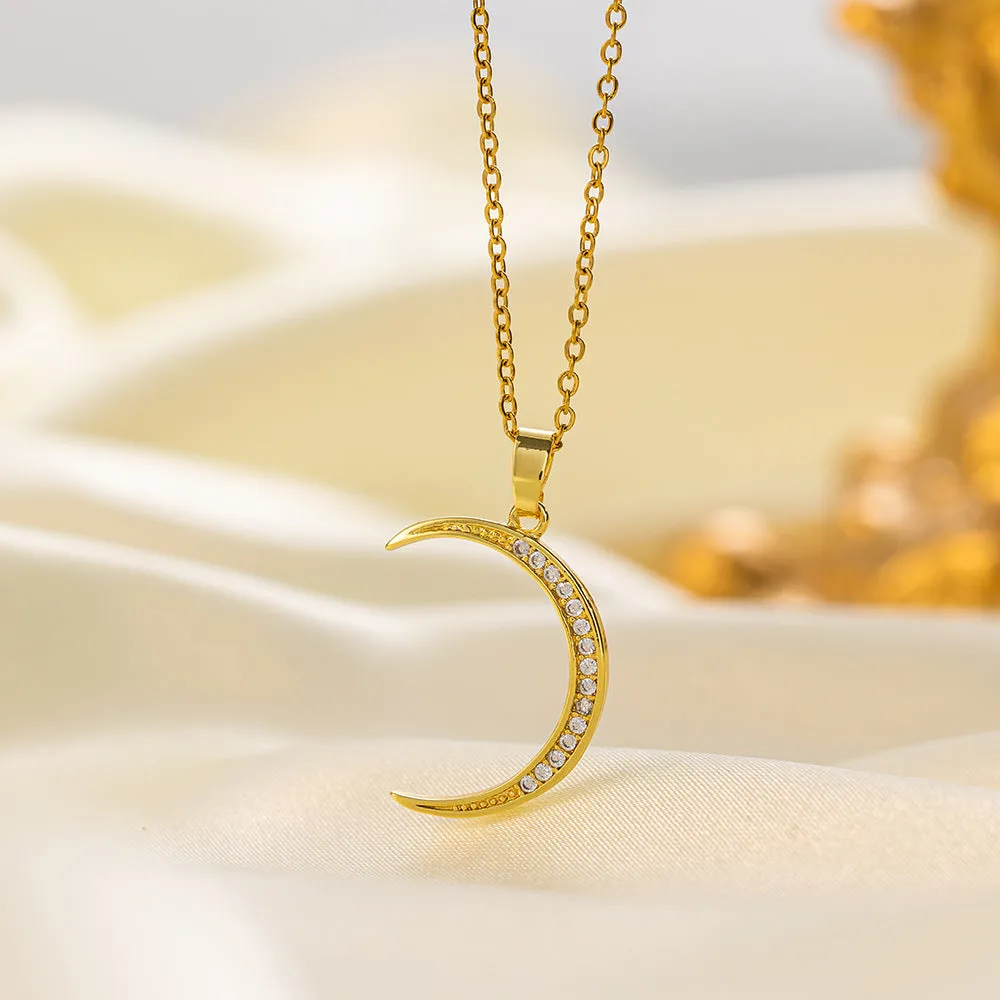 Women's titanium steel and copper-plated pendant necklace set crescent heart shapes gold and steel finish