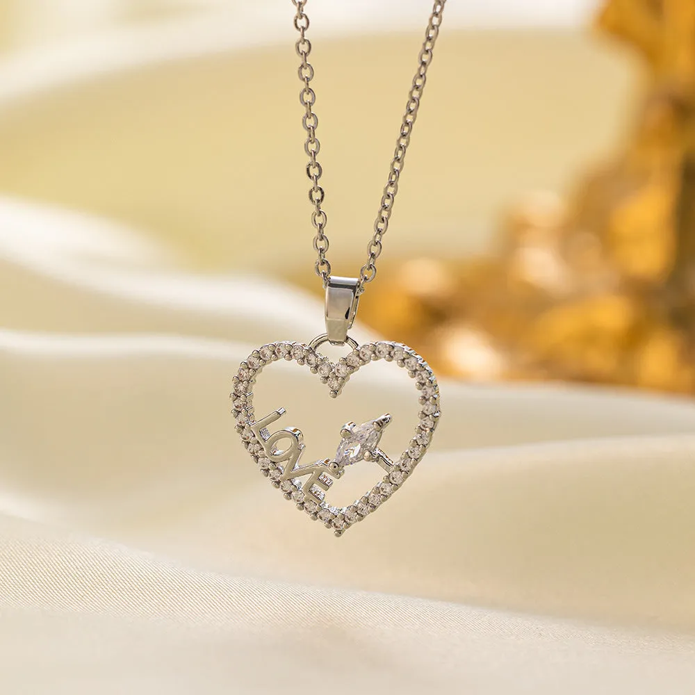 Women's titanium steel and copper-plated pendant necklace set crescent heart shapes gold and steel finish