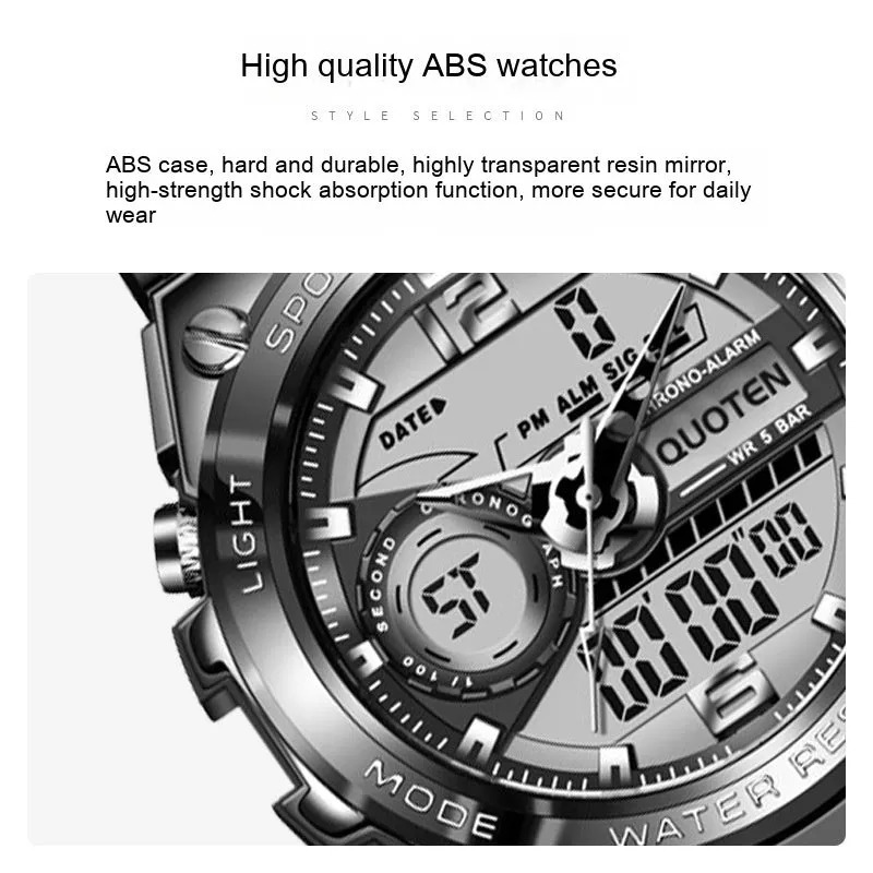 Waterproof electronic quartz watch with 45mm round dial, multi-function display, and plastic strap in black silver finish