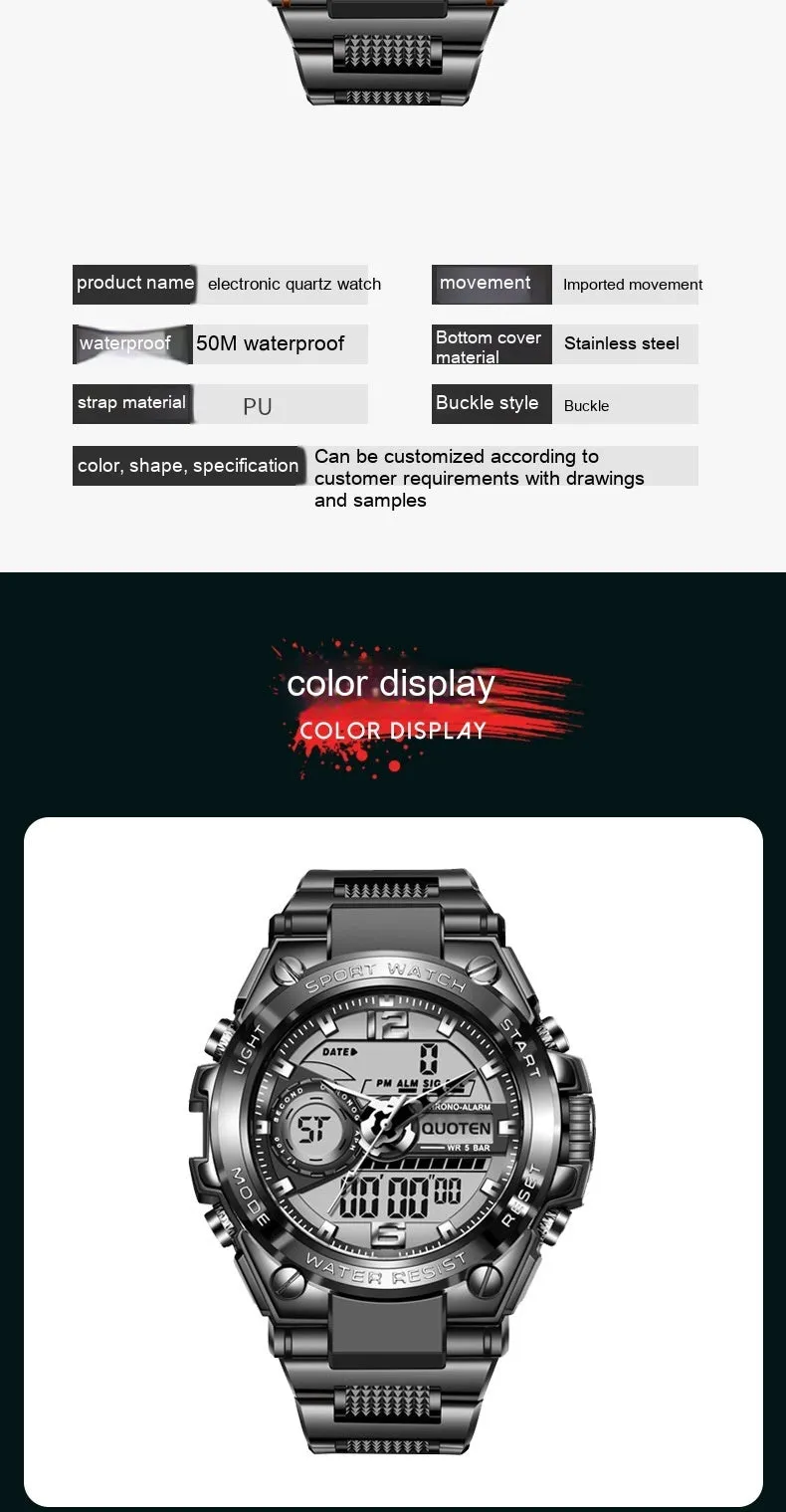 Waterproof electronic quartz watch with 45mm round dial, multi-function display, and plastic strap in black silver finish