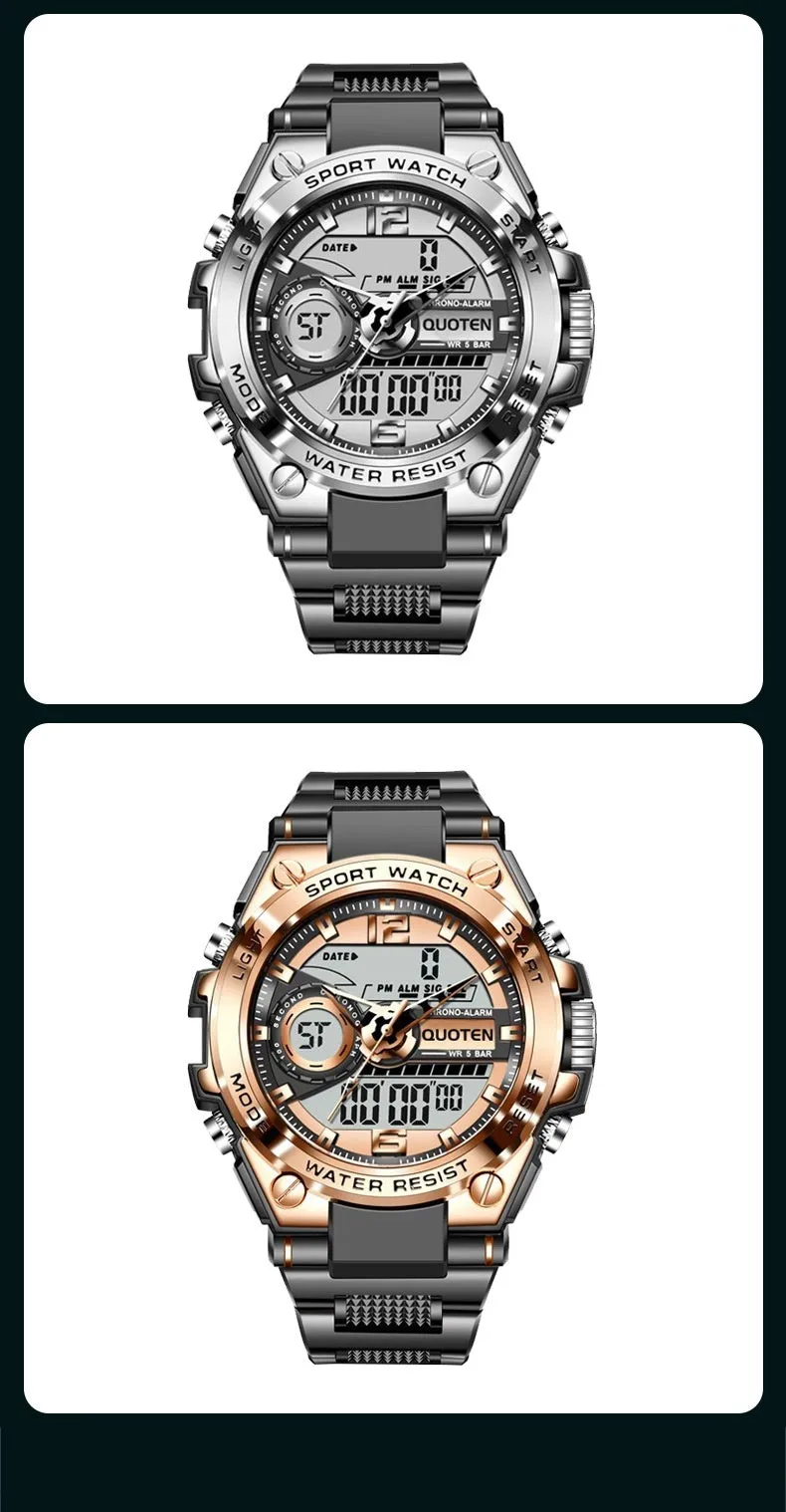 Waterproof electronic quartz watch with 45mm round dial, multi-function display, and plastic strap in black silver finish