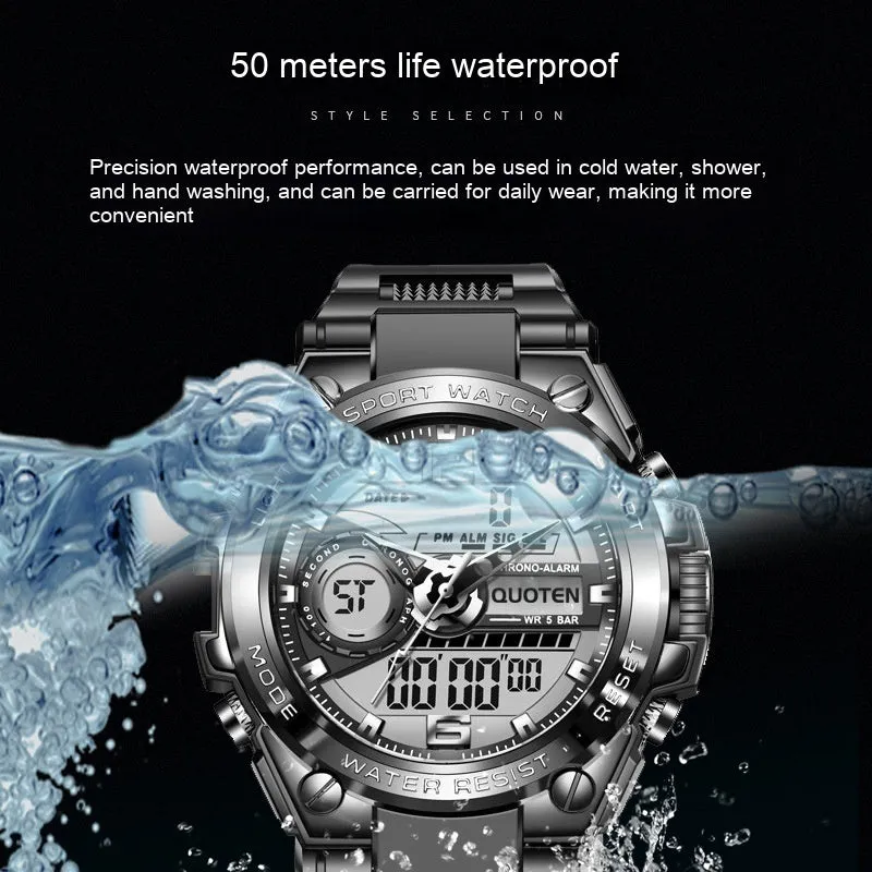 Waterproof electronic quartz watch with 45mm round dial, multi-function display, and plastic strap in black silver finish