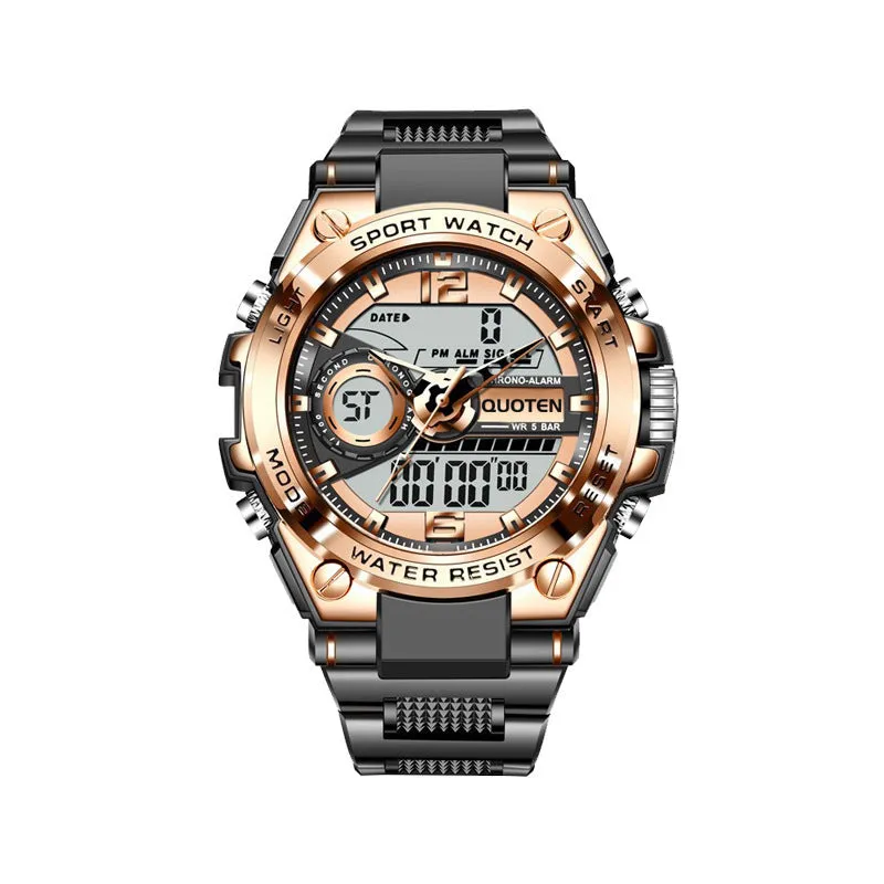 Waterproof electronic quartz watch with 45mm round dial, multi-function display, and plastic strap in black silver finish