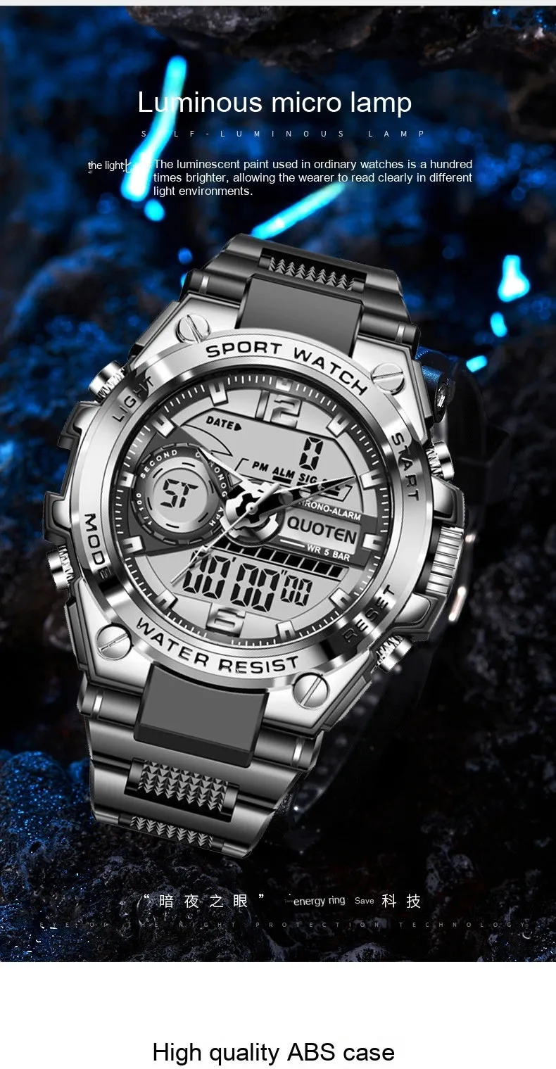 Waterproof electronic quartz watch with 45mm round dial, multi-function display, and plastic strap in black silver finish