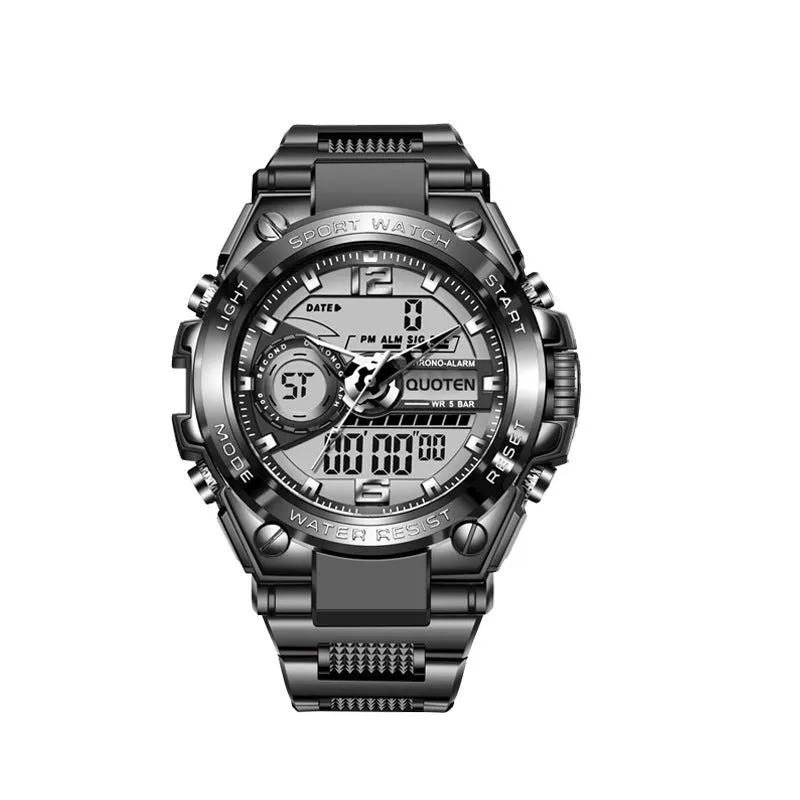 Waterproof electronic quartz watch with 45mm round dial, multi-function display, and plastic strap in black silver finish