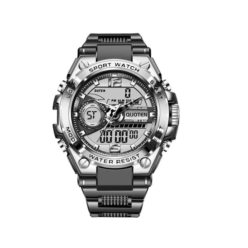 Waterproof electronic quartz watch with 45mm round dial, multi-function display, and plastic strap in black silver finish