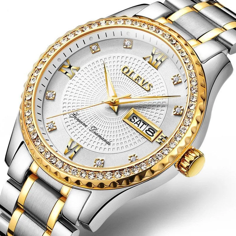 Round quartz watch with luminous hands, calendar and week display, 40mm dial, stainless steel strap, and butterfly clasp