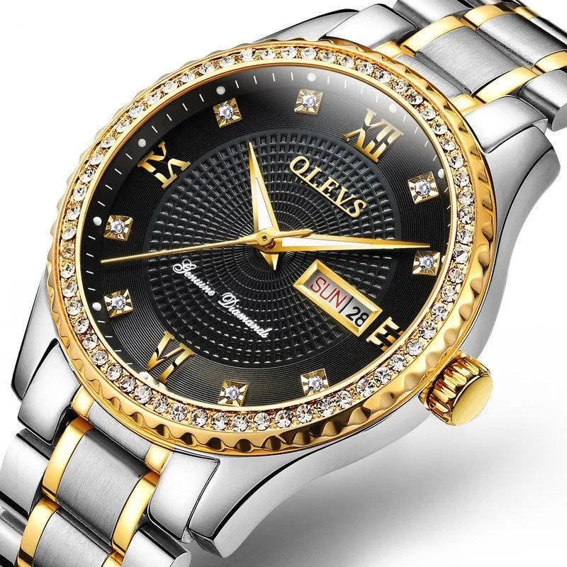 Round quartz watch with luminous hands, calendar and week display, 40mm dial, stainless steel strap, and butterfly clasp