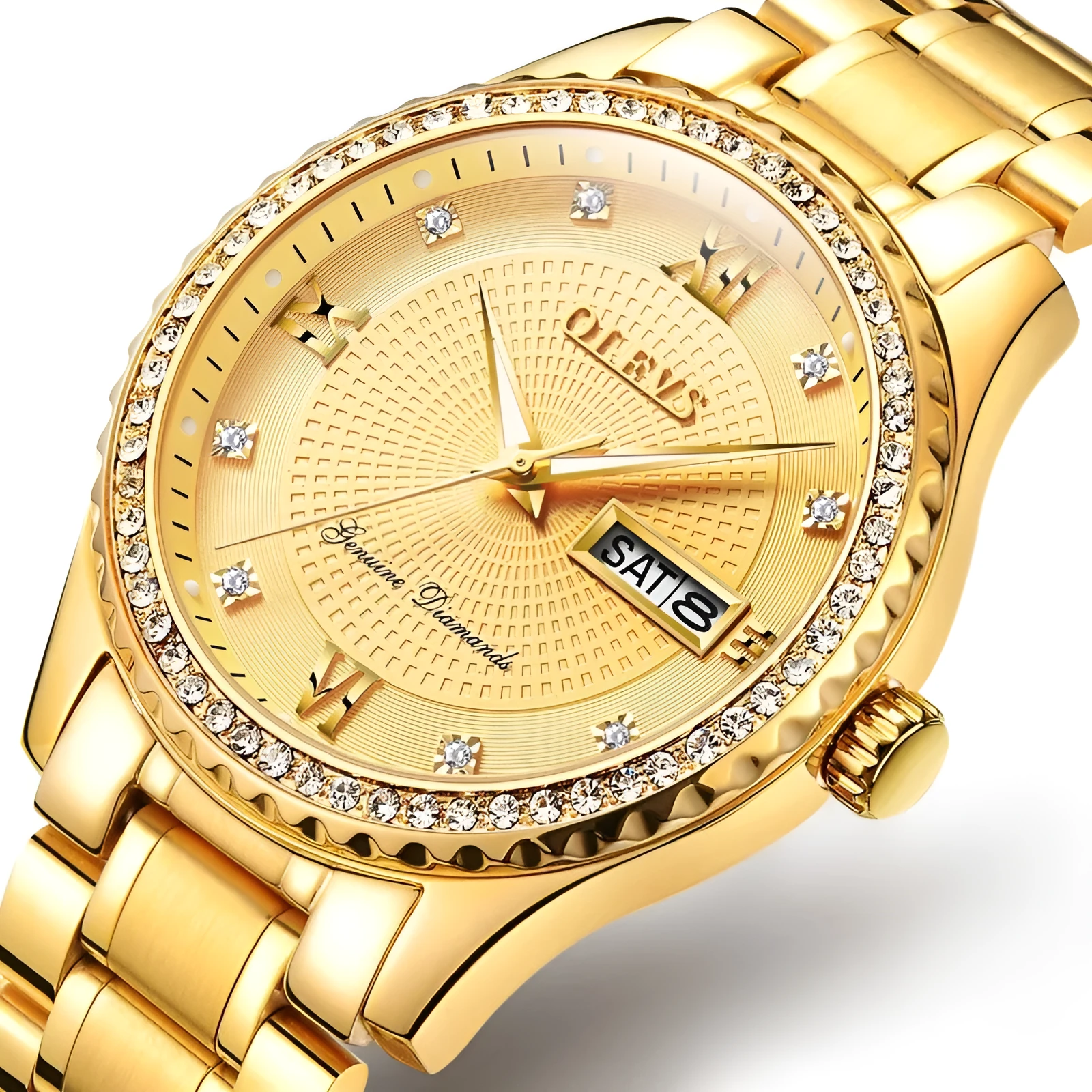 Round quartz watch with luminous hands, calendar and week display, 40mm dial, stainless steel strap, and butterfly clasp