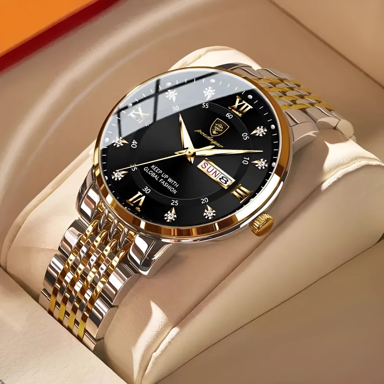 Luminous men's watch Korean fashion with round dial, stainless steel strap, and silver case white dial.