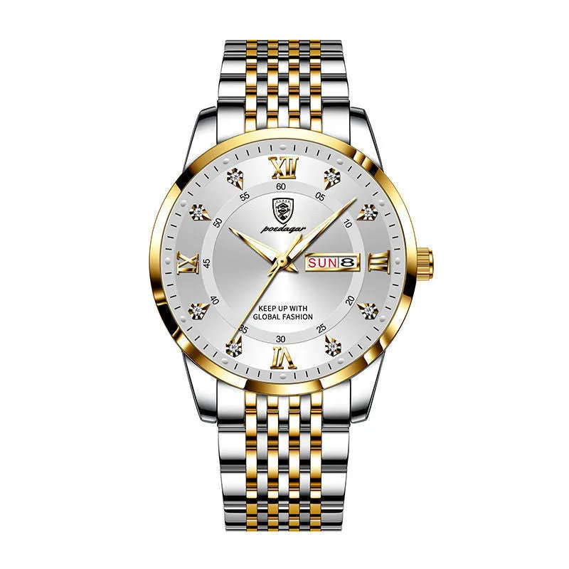Luminous men's watch Korean fashion with round dial, stainless steel strap, and silver case white dial.