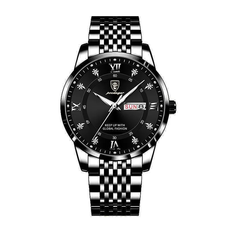 Luminous men's watch Korean fashion with round dial, stainless steel strap, and silver case white dial.