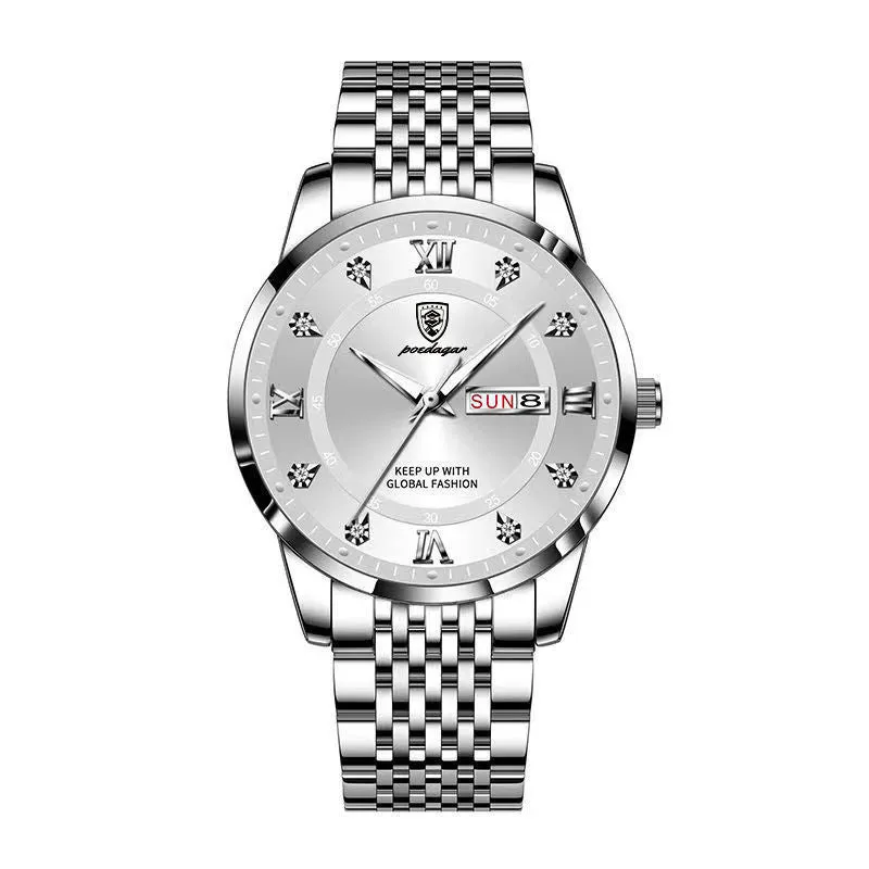 Luminous men's watch Korean fashion with round dial, stainless steel strap, and silver case white dial.