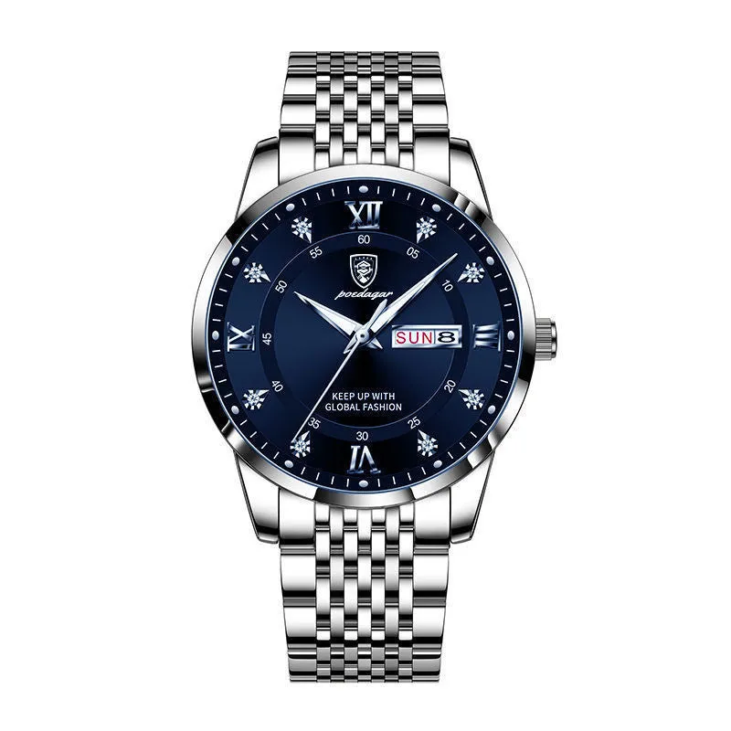 Luminous men's watch Korean fashion with round dial, stainless steel strap, and silver case white dial.