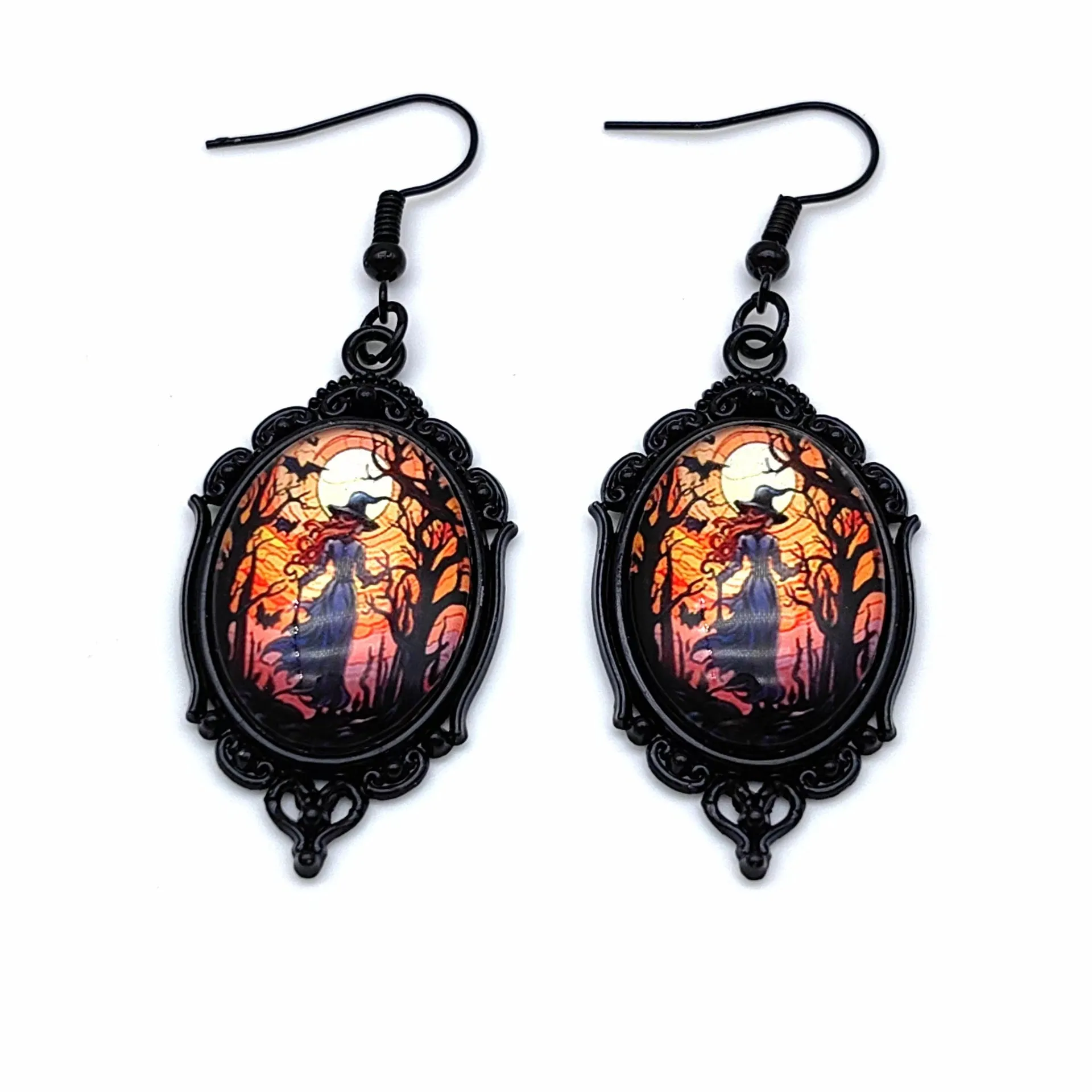 3pcs vintage Halloween tree of life and witch necklace set with earrings, alloy pendant jewellery, two colour styles