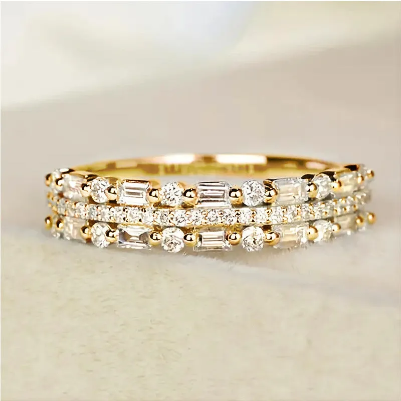 Multilayer copper ring with three-layer fine circle and line setting inlaid zircon for women