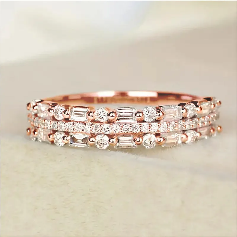 Multilayer copper ring with three-layer fine circle and line setting inlaid zircon for women